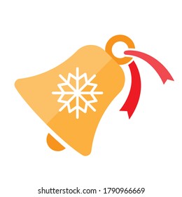 Flat, vector Christmas bell with bow and snowflake. Isolated vector clipart for new year, winter decoration.