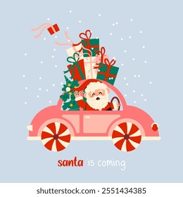 Tarjeta de Navidad de Vector plana con Papá Noel en el coche lindo con regalos en estilo infantil. Santa Claus agitando la mano. Ilustración de Festiva sobre fondo blanco. Colección de tarjetas de Navidad. 