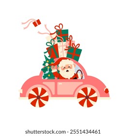 Flat vector Christmas card with Santa Claus in cute car with presents in children's style. Santa Claus waving his hand. Holiday illustration on white background. Xmas cards collection. 