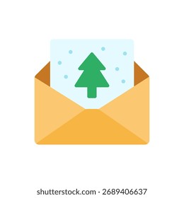 Flat vector of a Christmas card with Christmas tree and snow design out from an envelope. Ideal for festive invitations, holiday messages, and seasonal greeting illustrations.