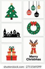 Tarjetas de Navidad de Vector plano sobre fondo blanco con árbol minimalista, adornos colgantes, silueta de aldea, corona, cajas de regalo y lindos renos con texto de "Navidades felices"​​