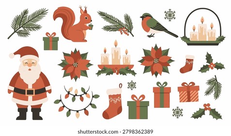 Flat vector Christmas collection featuring Santa Claus, red squirrel, bullfinch, lit candles, poinsettia flowers, wrapped gift boxes, stockings, pine branches, holly berries, and snowflakes.