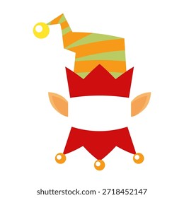 Vector plano elfo de Navidad sombrero de rayas y orejas. Ilustración festiva mínima aislada sobre fondo blanco.
