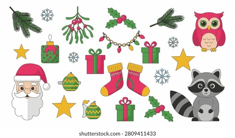 Flat vector Christmas icon set featuring Santa Claus, cute raccoon, pink owl, gift boxes, stockings, holly berries, pine branches, gold stars, and snowflakes on white background.