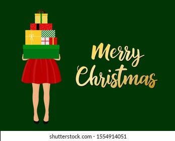 Flat vector Christmas illustration greeting card with girl in red dress and lots of colorful gift boxes on green background. Merry Christmas Lettering