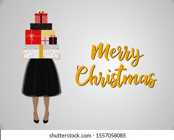Flat vector Christmas illustration greeting card with girl beautiful black dress in newlook style with multicolored gift boxes in hands on silver background and lettering "Merry Christmas".