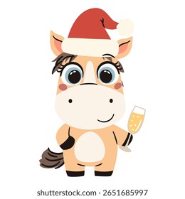 Flat vector Christmas vector illustration in simple childish style. Cute horse holding a champagne glass wearing a Santa Claus hat. Symbol of 2026