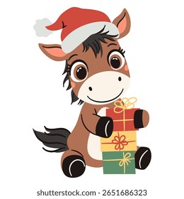 Vetor plano ilustração de vetor de Natal em estilo infantil simples. Cavalo bonito sentado e segurando uma pilha de presentes com chapéu de Papai Noel. Símbolo de 2026