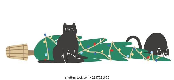 Ilustración de Navidad vectorial plano. Dos gatos negros derribaron un árbol de Navidad. Gatos matones satisfechos 