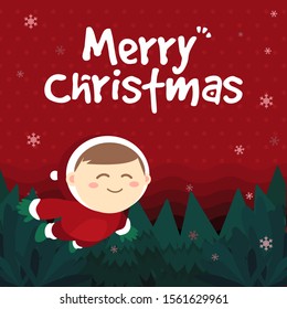 Flat vector for Christmas with kid Santa flying around - Square Template Background
