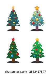 Árbol de Navidad de Vector plano con luces coloridas Adornos Set