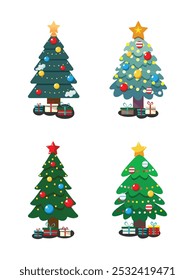 Flat Vector Christmas Tree with Colorful Light Ornaments and gift boxes underneath