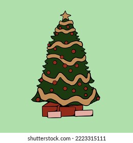 Flat vector christmas Tree. Editable color. Material design for cildren book. Sticker and Tshirt design