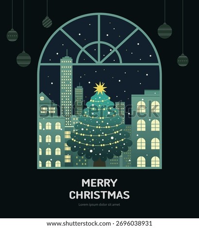 Flat Vector Christmas Tree Illustration in City Night View through Window