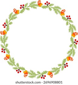 Corona de Navidades de Vector plana con mitones y bayas rojas, ilustración festiva del marco de vacaciones para las tarjetas de felicitación, invitaciones, decoración de invierno, y proyectos de diseño digital.