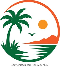 Flat vector circular logo with green lower half and orange upper arc forming open circle, dark green palm tree with grass base on left, orange sun upper right, single green seagull in center, orange mountains and green zigzag water reflection at bottom on white background. Minimal tropical beach emblem ideal for island resort, travel, summer vacation and coastal brand.
