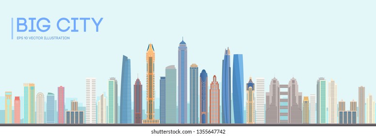 Flat vector city building design. Urban skyline cityscape. Town landscape with high skyscrapers. Vector illustration. EPS 10