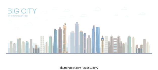 Flat vector city building design. Urban skyline cityscape. Town landscape with high skyscrapers. Vector illustration. EPS 10
