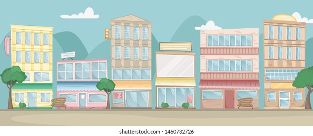 Flat vector city landscape. Street with bright houses, signs, trees and benches.