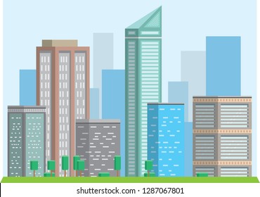 Flat Vector City Skyline with Skyscrapers 