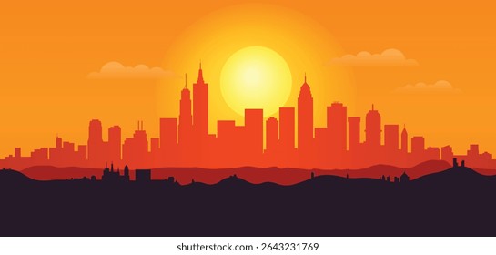 Flat Vector City Skyline at Sunset, Red and Orange Urban Silhouette with Sun and Mountains in Background