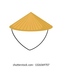 Flat vector of classic Asian conical hat made of straw. Traditional Chinese or Vietnamese headdress. Farmer s headwear