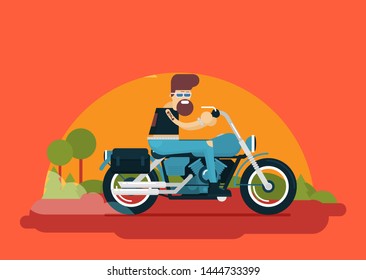 Flat vector classic motorcycle with brutal cartoon biker