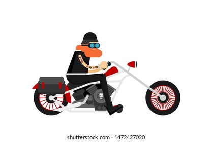 Flat vector classic motorcycle with brutal cartoon biker