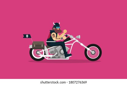 Flat vector classic motorcycle with brutal cartoon biker