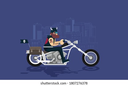 Flat vector classic motorcycle with brutal cartoon biker