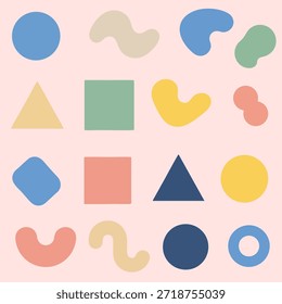 Flat Vector Clip Art Set with Abstract Geometric and Organic Shapes, Soft Pastel Colors, Cute Modern Design for Backgrounds, Social Media, Branding, and Creative Projects