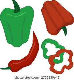 Flat vector clip art set of fresh green and red bell peppers, a spicy red chili, and sliced pepper rings, ideal for culinary infographics, menu design, and kitchen decor.