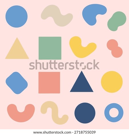 Flat Vector Clip Art Set with Abstract Geometric and Organic Shapes, Soft Pastel Colors, Cute Modern Design for Backgrounds, Social Media, Branding, and Creative Projects