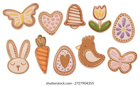 Clipart de Vector plano conjunto de galletas de jengibre de Pascua decoradas que incluyen conejito, pollito, huevo, zanahoria, mariposa y Formas de flores. Perfecto para diseños de Pascua, embalaje, pegatinas y panadería de marca