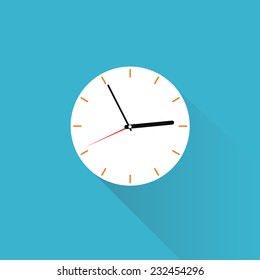 Flat vector clock with long shadow on blue background
