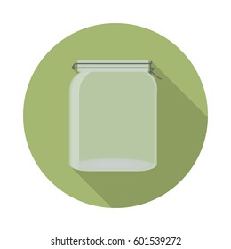 flat vector closed transparent glass jar with lid icon with long shadow in to green round geometric shape as zero waste, bpa and plastic free concept