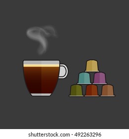 Flat vector coffee cup and capsules. Multicolored coffee pods for coffee machine. Espresso cup, pods. Trendy colorful capsules with different  flavours, hot espresso.