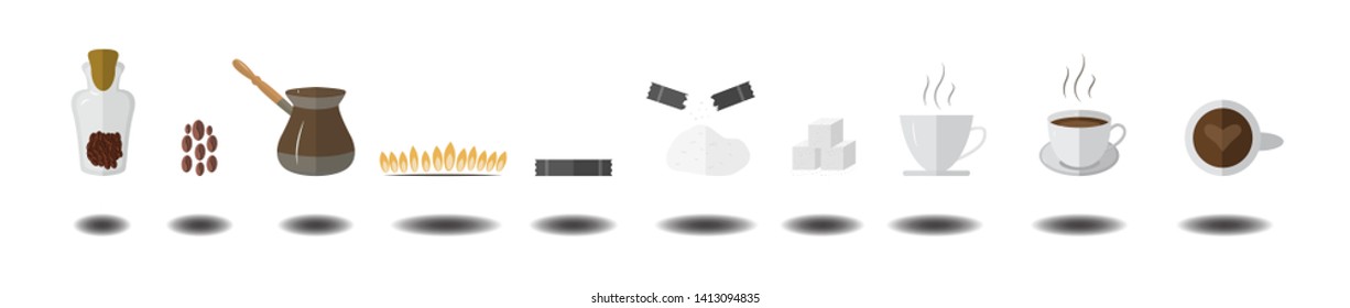 flat vector coffee elements and tools isolated on white background