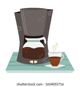 Flat vector coffee maker and a cup of coffee. Alternative methods of brewing coffee. Coffee culture.