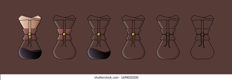Flat vector coffeemaker. Coffee brewing alternative method. Coffee culture. Flat vector on brown background