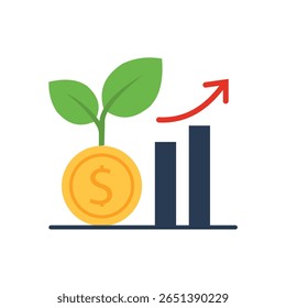 Flat vector of coin with plant and rising bar chart, symbolizing financial growth. Clean, modern style on white background