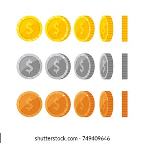 Flat vector coins with dollar symbol icons at different angles for animation. Coin spin for games and app