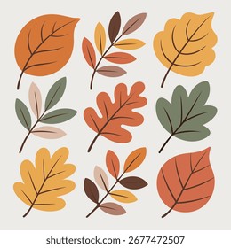 Flat vector collection of autumn leaves and small branches in warm earthy colors. Minimal decorative foliage icons, isolated on light background 