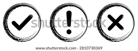 Flat vector collection of black grunge check, warning, and cross icons inside distressed circular frames. Ideal for approval, caution, rejection, quality, validation, notifications, user interface.