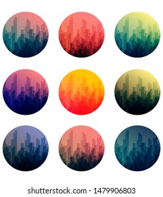 flat vector collection of cityscape in the circle shape. city illustration at sunset, sunrise, twilight and night time