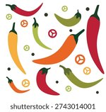 Flat vector collection of colorful hot chili peppers with whole pods and slices