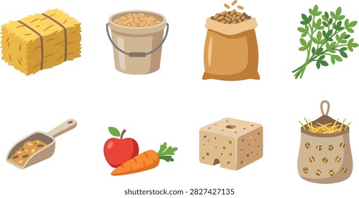 A flat vector collection of colorful illustration icons representing livestock feed, horse nutrition, and farm animal care isolated on a white background. Perfect for agricultural supply websites, equestrian stores, livestock nutrition packaging, farm infographics, and veterinary graphics.
