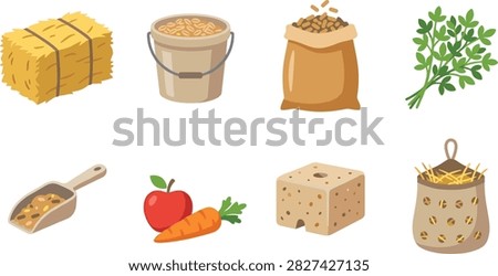 A flat vector collection of colorful illustration icons representing livestock feed, horse nutrition, and farm animal care isolated on a white background. Perfect for agricultural supply websites, equestrian stores, livestock nutrition packaging, farm infographics, and veterinary graphics.