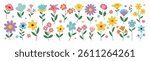 Flat vector collection of colorful spring flowers in various shapes and sizes with green leaves, arranged on a white background in a playful, hand-drawn style