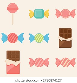 Una colección plana de Vector de caramelos envueltos de colores, piruletas y barras de chocolate sobre un fondo neutro. Este set de golosinas dulces es perfecto para menús de postres, invitaciones a fiestas o marcas de confitería.